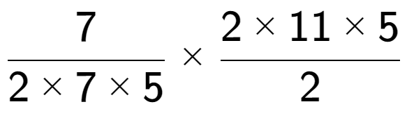 A LaTex expression showing 7 over 2 multiplied by 7 multiplied by 5 multiplied by 2 multiplied by 11 multiplied by 5 over 2