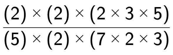 A LaTex expression showing (2) multiplied by (2) multiplied by (2 multiplied by 3 multiplied by 5) over (5) multiplied by (2) multiplied by (7 multiplied by 2 multiplied by 3)