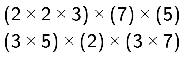 A LaTex expression showing (2 multiplied by 2 multiplied by 3) multiplied by (7) multiplied by (5) over (3 multiplied by 5) multiplied by (2) multiplied by (3 multiplied by 7)