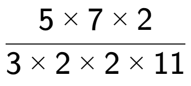 A LaTex expression showing 5 multiplied by 7 multiplied by 2 over 3 multiplied by 2 multiplied by 2 multiplied by 11