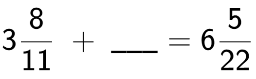 A LaTex expression showing 38 over 11 \;+\; \ sub \ sub \ _ = 65 over 22