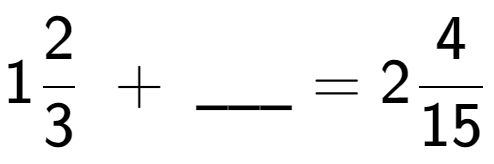A LaTex expression showing 12 over 3 \;+\; \ sub \ sub \ _ = 24 over 15