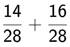 A LaTex expression showing 14 over 28 + 16 over 28