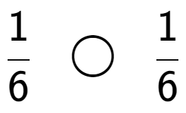 A LaTex expression showing 1 over 6 \;\; \bigcirc \;\;1 over 6