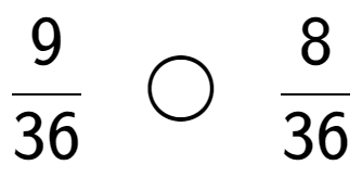 A LaTex expression showing 9 over 36 \;\; \bigcirc \;\;8 over 36