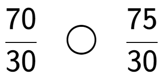 A LaTex expression showing 70 over 30 \;\; \bigcirc \;\;75 over 30