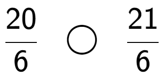 A LaTex expression showing 20 over 6 \;\; \bigcirc \;\;21 over 6