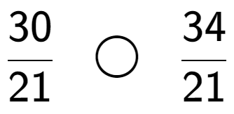 A LaTex expression showing 30 over 21 \;\; \bigcirc \;\;34 over 21