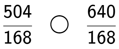 A LaTex expression showing 504 over 168 \;\; \bigcirc \;\;640 over 168