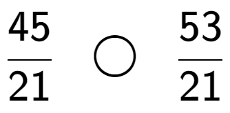 A LaTex expression showing 45 over 21 \;\; \bigcirc \;\;53 over 21