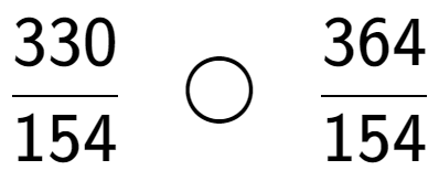 A LaTex expression showing 330 over 154 \;\; \bigcirc \;\;364 over 154