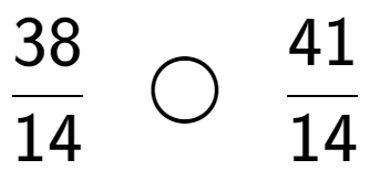 A LaTex expression showing 38 over 14 \;\; \bigcirc \;\;41 over 14