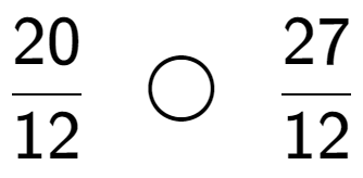 A LaTex expression showing 20 over 12 \;\; \bigcirc \;\;27 over 12