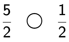 A LaTex expression showing 5 over 2 \;\; \bigcirc \;\;1 over 2