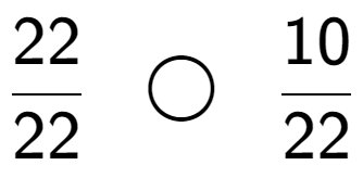 A LaTex expression showing 22 over 22 \;\; \bigcirc \;\;10 over 22