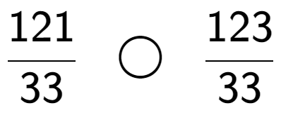 A LaTex expression showing 121 over 33 \;\; \bigcirc \;\;123 over 33