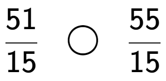 A LaTex expression showing 51 over 15 \;\; \bigcirc \;\;55 over 15