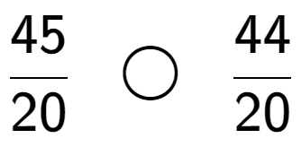 A LaTex expression showing 45 over 20 \;\; \bigcirc \;\;44 over 20