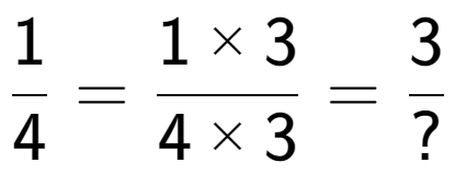 A LaTex expression showing 1 over 4 = 1 multiplied by 3 over 4 multiplied by 3 = 3 over ?