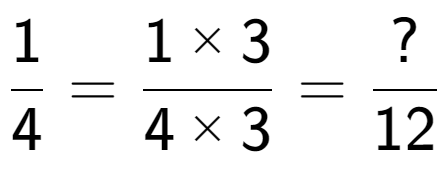 A LaTex expression showing 1 over 4 = 1 multiplied by 3 over 4 multiplied by 3 = ? over 12