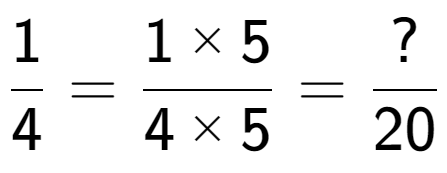 A LaTex expression showing 1 over 4 = 1 multiplied by 5 over 4 multiplied by 5 = ? over 20