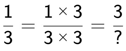 A LaTex expression showing 1 over 3 = 1 multiplied by 3 over 3 multiplied by 3 = 3 over ?