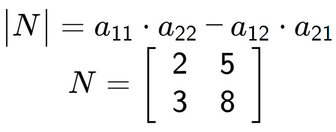 A LaTex expression showing \begin{vmatrix}N\end{vmatrix} = a sub 11 times a sub 22 - a sub 12 times a sub 21 \\N = \left[ {\begin{array} {cc} 2 & 5 \\ 3 & 8 \end{array} } \right]