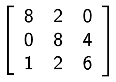 A LaTex expression showing \left[ {\begin{array} {ccc} 8 & 2 & 0 \\ 0 & 8 & 4 \\ 1 & 2 & 6 \end{array} } \right]