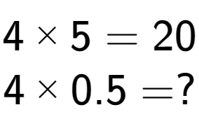 A LaTex expression showing 4 multiplied by 5 = 20\\4 multiplied by 0.5 = ?\\