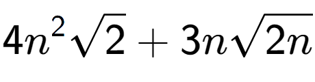 A LaTex expression showing 4{n} to the power of 2 square root of 2 + 3nsquare root of 2n