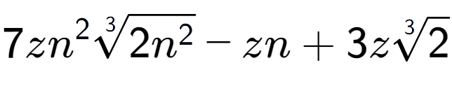 A LaTex expression showing 7z{n} to the power of 2 3-th root of 2{n to the power of 2 } - zn + 3z3-th root of 2