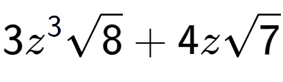 A LaTex expression showing 3{z} to the power of 3 square root of 8 + 4zsquare root of 7