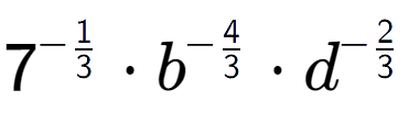 A LaTex expression showing 7 to the power of -1 over 3 times {b} to the power of -4 over 3 times {d} to the power of -2 over 3