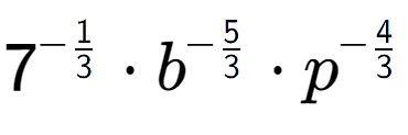 A LaTex expression showing 7 to the power of -1 over 3 times {b} to the power of -5 over 3 times {p} to the power of -4 over 3