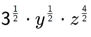 A LaTex expression showing 3 to the power of 1 over 2 times y to the power of 1 over 2 times {z} to the power of 4 over 2