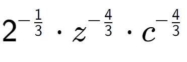 A LaTex expression showing 2 to the power of -1 over 3 times {z} to the power of -4 over 3 times {c} to the power of -4 over 3