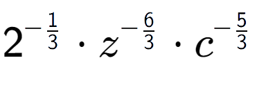 A LaTex expression showing 2 to the power of -1 over 3 times {z} to the power of -6 over 3 times {c} to the power of -5 over 3