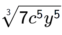 A LaTex expression showing 3-th root of 7{c to the power of 5 {y} to the power of 5 }