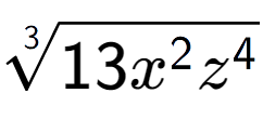 A LaTex expression showing 3-th root of 13{x to the power of 2 {z} to the power of 4 }