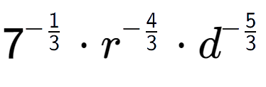 A LaTex expression showing 7 to the power of -1 over 3 times {r} to the power of -4 over 3 times {d} to the power of -5 over 3