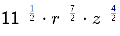 A LaTex expression showing 11 to the power of -1 over 2 times {r} to the power of -7 over 2 times {z} to the power of -4 over 2