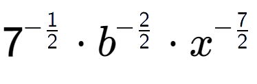 A LaTex expression showing 7 to the power of -1 over 2 times {b} to the power of -2 over 2 times {x} to the power of -7 over 2