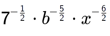 A LaTex expression showing 7 to the power of -1 over 2 times {b} to the power of -5 over 2 times {x} to the power of -6 over 2