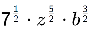 A LaTex expression showing 7 to the power of 1 over 2 times {z} to the power of 5 over 2 times {b} to the power of 3 over 2