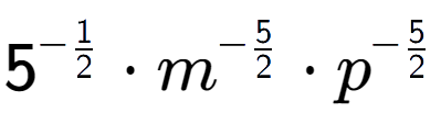 A LaTex expression showing 5 to the power of -1 over 2 times {m} to the power of -5 over 2 times {p} to the power of -5 over 2