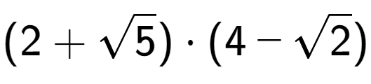 A LaTex expression showing (2 + square root of 5) times (4 - square root of 2)