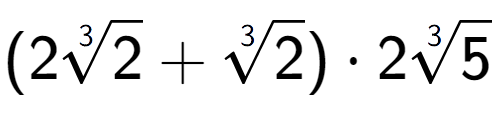 A LaTex expression showing (23-th root of 2 + 3-th root of 2) times 23-th root of 5