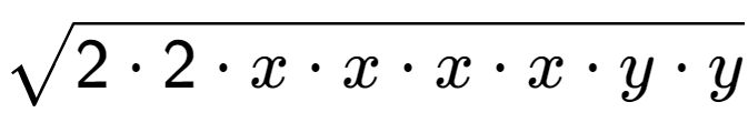 A LaTex expression showing square root of 2 times 2 times x times x times x times x times y times y