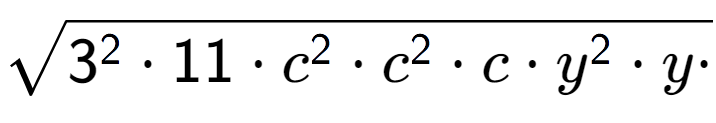 A LaTex expression showing square root of 3 to the power of 2 times 11 times c to the power of 2 times c to the power of 2 times c times y to the power of 2 times y times