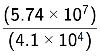 A LaTex expression showing \frac{(5.74 multiplied by 10 to the power of 7 ) }{ (4.1 multiplied by 10 to the power of 4 )}
